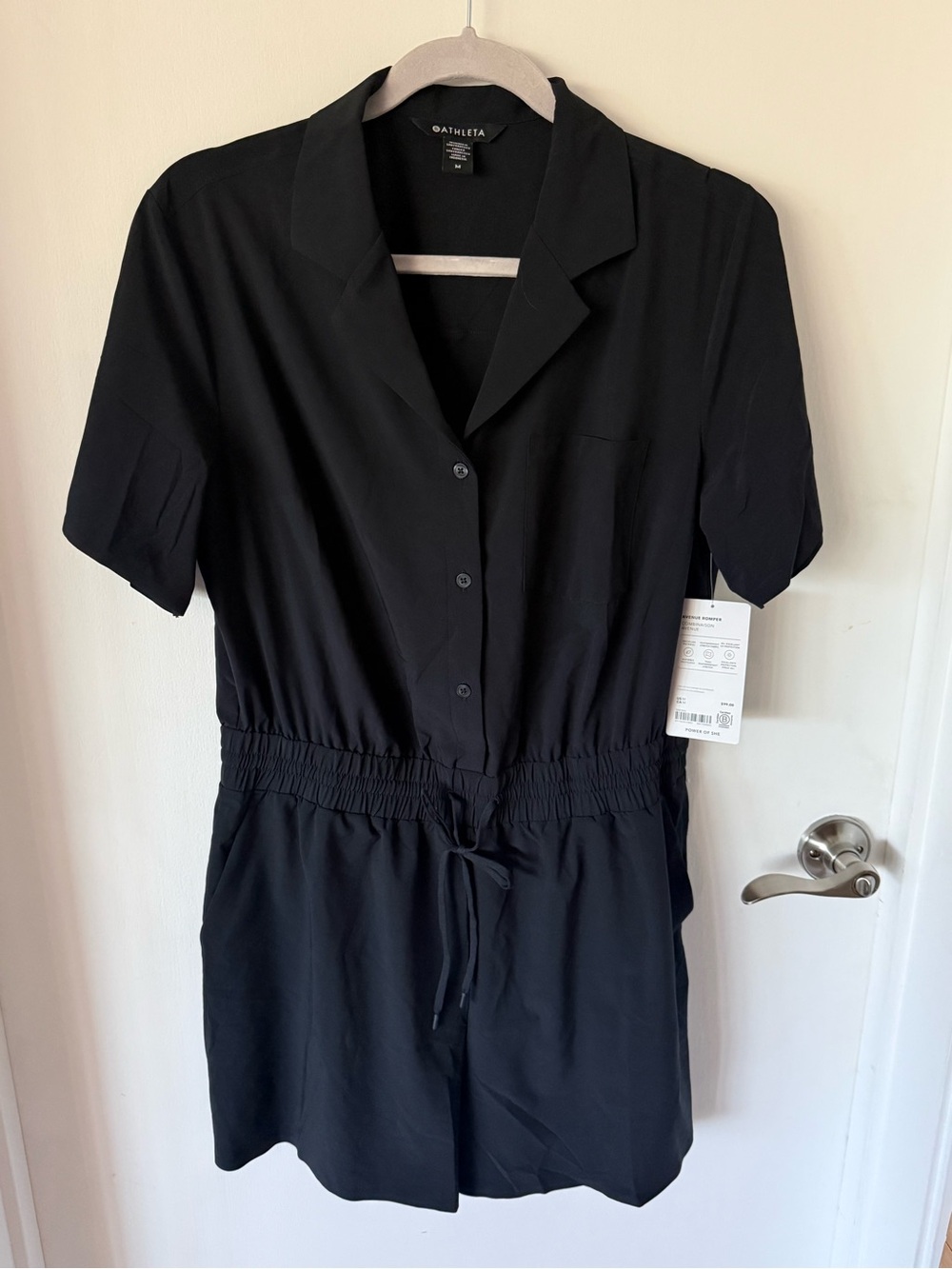 Athleta Avenue Black Short-Sleeve Button-Front Romper